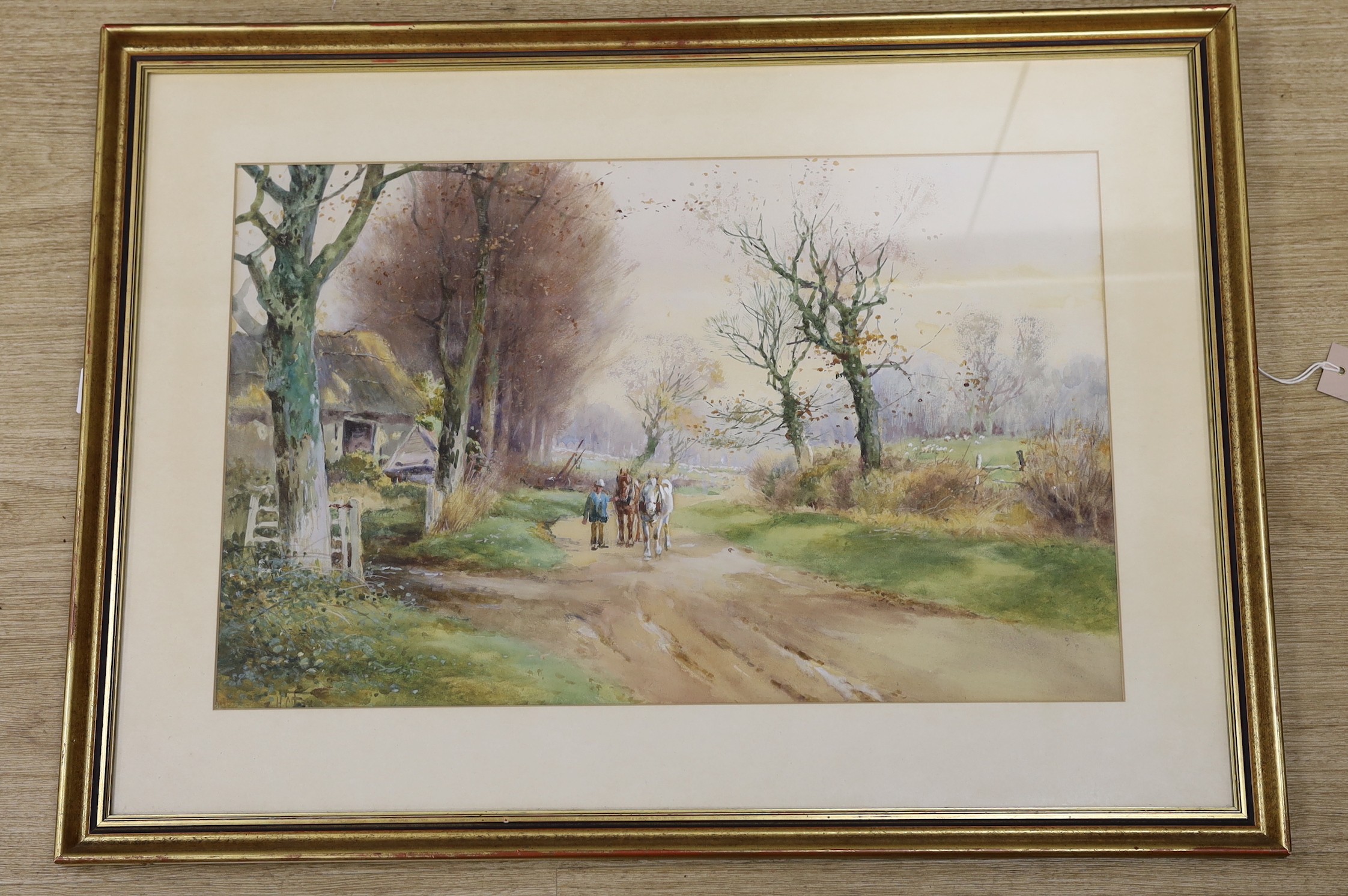 Henry Charles Fox (1860-1925), watercolour, Horses on a country lane, signed, 35 x 56cm